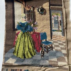 Vintage Penelope / Needlepoint Tapestry Design No. 3922) depicting a interior genre scene of a woman in a blue bodice and yellow skirt arranging flowers by a table.