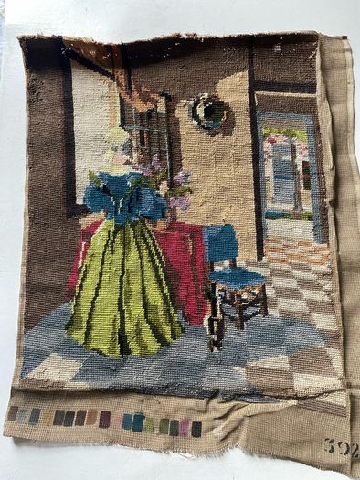 Vintage Penelope / Needlepoint Tapestry Design No. 3922) depicting a interior genre scene of a woman in a blue bodice and yellow skirt arranging flowers by a table.
