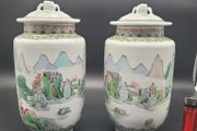 Antique / Vintage Chinese Famille verte pair of vase with lids early 20th century