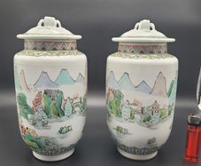 Antique / Vintage Chinese Famille verte pair of vase with lids early 20th century