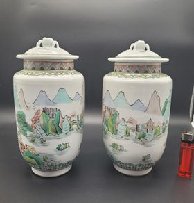 Antique / Vintage Chinese Famille verte pair of vase with lids early 20th century