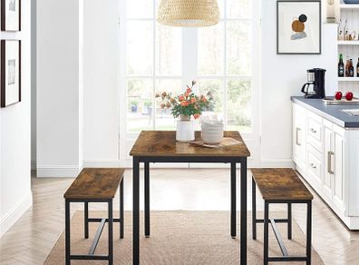 _Dining Table Kitchen Table Set 110 x 70 x 75 cm with 2 Benches 97 x 30 x 50 cm Metal Frame Kitchen Living Room Dining Room Industrial Design Vintage Brown Black
