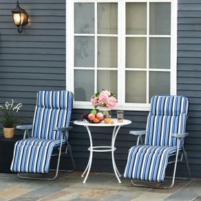 Set of 2 Outdoor Reclining Garden Sun Lounger with Cushioned Seat Foldable Adjustable Recliner Blue and White