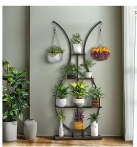 Tall 5 Tier Vase Shape Plant Stand with Hooks Indoor Outdoor Metal Display Shelf 181 cm