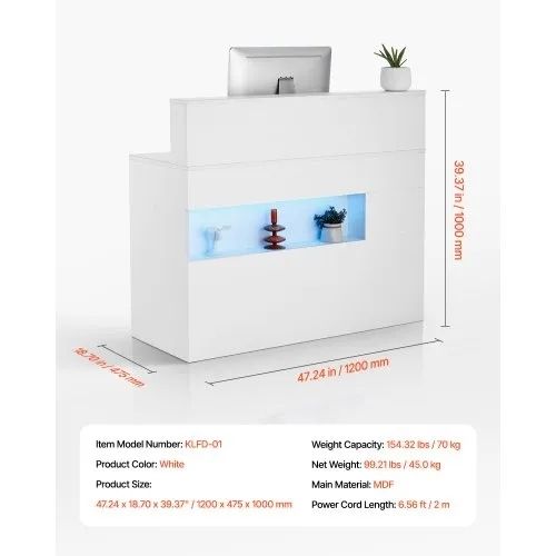 Reception Desk, 47.24 x 18.7 x 39.37 in Rectangular Front Counter Table, Office Reception Desk with LED Light, 2 Drawers and Power Outlets