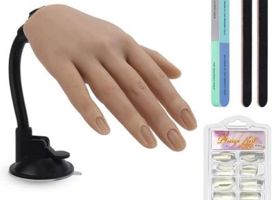 Silicone Practice Hand for Acrylic Nails,Flexible Female Mannequin Hand with Stand Soft False Fake Hands for Nail Training Manicure with 100pcs Practice Nail Tips and 3pcs Professional Nail File LEFT/RIGHT HAND AVAILABLE (FREE POSTAGE)