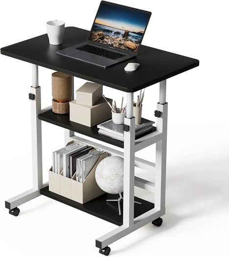 Adjustable Height Computer Desk with Wheels, C Shaped Laptop Table with 2 Shelves, Overbed Table for Bedroom, Sofa, Home Office, Living Room 60x37x60-90cm, Black