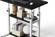 Adjustable Height Computer Desk with Wheels, C Shaped Laptop Table with 2 Shelves, Overbed Table for Bedroom, Sofa, Home Office, Living Room 60x37x60-90cm, Black