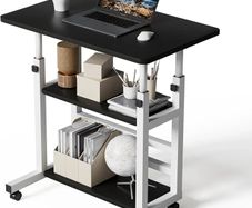 Adjustable Height Computer Desk with Wheels, C Shaped Laptop Table with 2 Shelves, Overbed Table for Bedroom, Sofa, Home Office, Living Room 60x37x60-90cm, Black