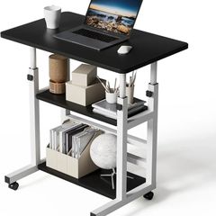 Adjustable Height Computer Desk with Wheels, C Shaped Laptop Table with 2 Shelves, Overbed Table for Bedroom, Sofa, Home Office, Living Room 60x37x60-90cm, Black