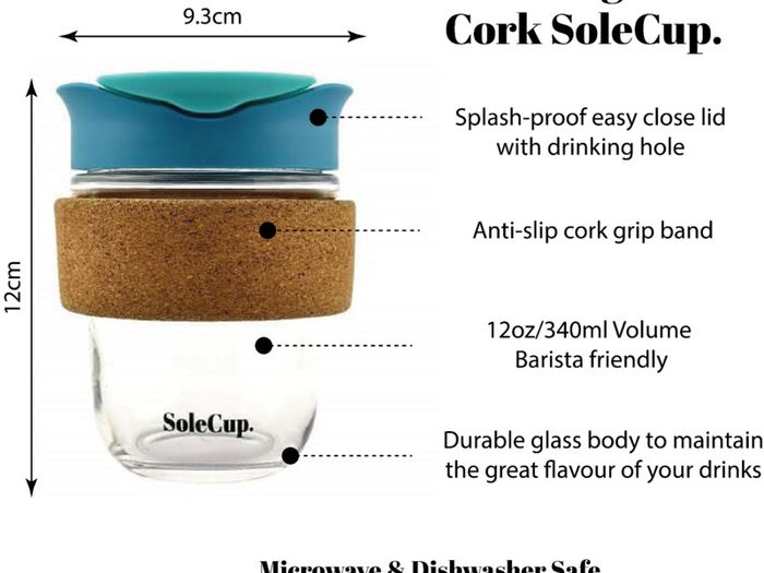 SoleCup Reusable Glass Travel Mug with Cork Band and Lid - Blue