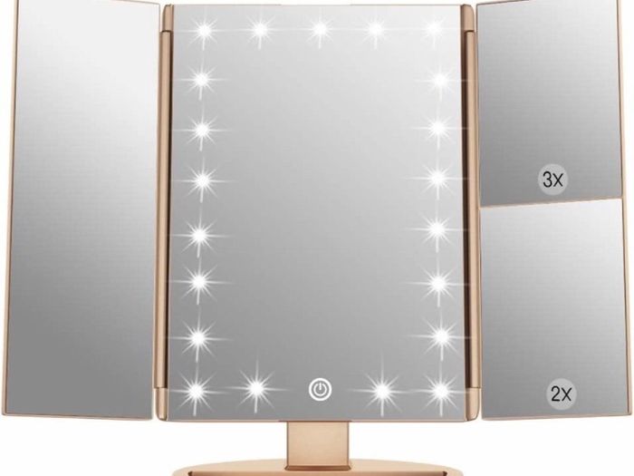 Vanity Makeup Mirror,1x/2x/3x Tri-Fold Makeup Mirror with 21 LED Lights and Adjustable Touch Screen