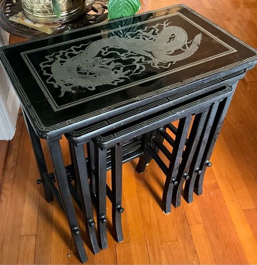 Vintage Oriental Set of 4 Black Lacquered Nest of Tables