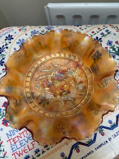 A bundle of vintage - retro pieces, Carnival Glass , Anchor Hocking Fire King, Large Ribbed Glass Butter Dish, Citrus Juicer, Three Footed Glass Sugar Bowl and Jug
