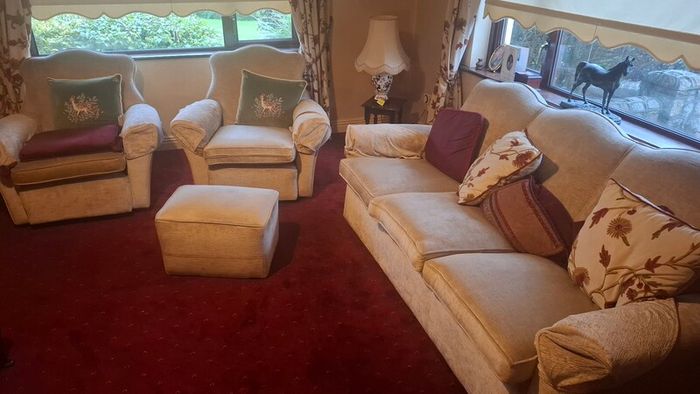 Genuine 1960s vintage sofa set, clean 1 seater armchair and three seater sofa. Solid frames, very comfortable. Footstool not included.
