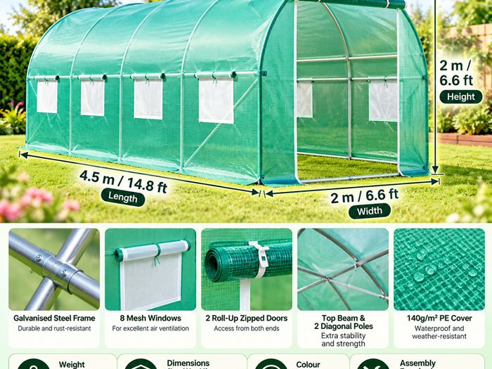 Large Walk-In Polytunnel Greenhouse 15ft x 7ft x 7ft  Galvanised Steel Frame, 8 Windows & 2 Zipped Doors Green