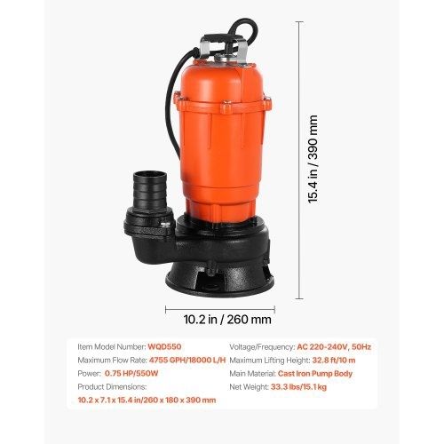 550W Submersible Trash Pump, 18000 L/H, Cast Iron Submersible Sump Sewage Pump with 2 in Discharge, 10M Max Lift, Draining Dirty Clean Water