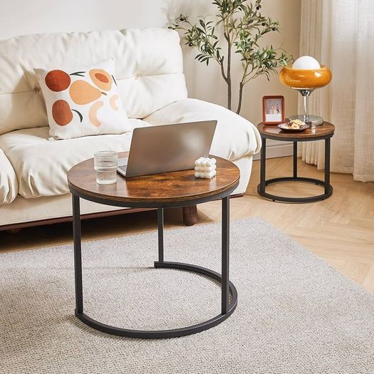 Round Nesting Table, Removable Set of 2 Coffee Tables, Stacking Sofa Side Table End Table, for Living Room, Bedroom, Office, Balcony, Apartment, Rustic Brown