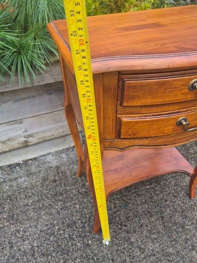 vintage French Provincial or Louis XV-style wooden bedside table/side chest featuring two drawers, cabriole legs, and a lower open shelf