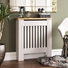White Small Modern Shaker Style Vertical Slat Design For Optimal Heat Circulation - H83.3xW78xD19cm - Painted MDF Cabinet with Wood Top Shelf