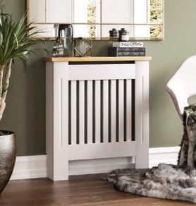White Small Modern Shaker Style Vertical Slat Design For Optimal Heat Circulation - H83.3xW78xD19cm - Painted MDF Cabinet with Wood Top Shelf