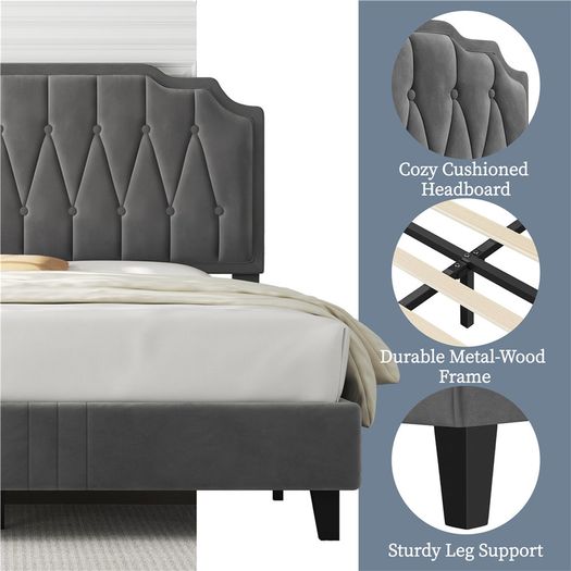 Double Upholstered Velvet Bed Frame with with Diamond Button