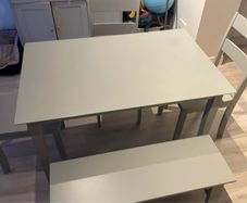 Grey kitchen dining table, bench and two chairs set