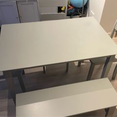 Grey kitchen dining table, bench and two chairs set