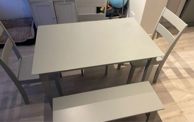 Grey kitchen dining table, bench and two chairs set