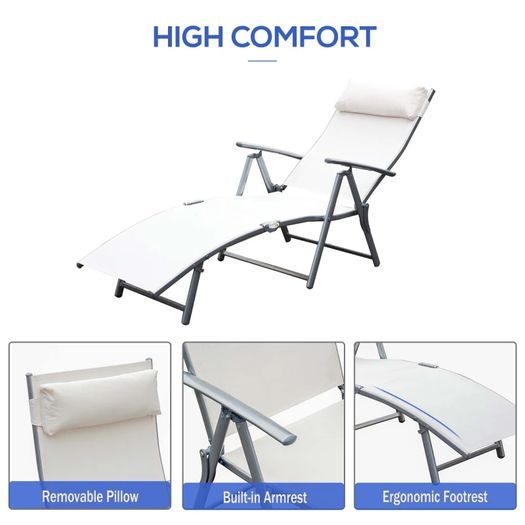 Outdoor Recliner Sun Lounger Chair, Steel Frame Folding Chaise Lounge Chair with Headrest, 7 Levels Adjustable Backrest and Breathable Mesh Fabric, Cream White