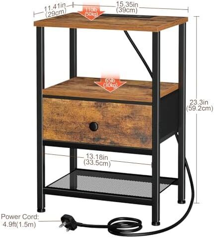 Bedside Table Set of 2 with Charging Station, Small Side Table with LED Lights, Nightstand
