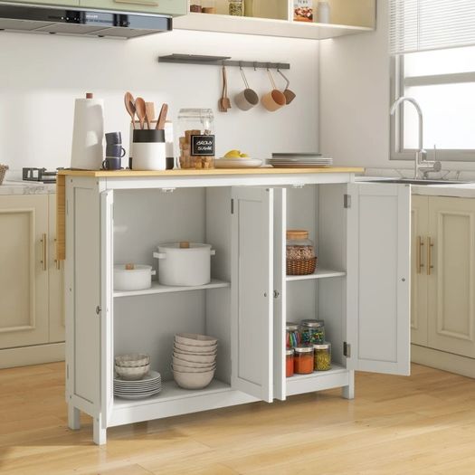 Kitchen island serving cart with 2 stools foldable worktop 2 cabinets with 4 doors modern design white