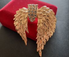 Gold Tone Angel Wing Brooch with Sparkling Crystals Large Guardian Angel Pin Badge Statement Broach