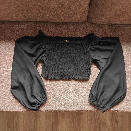 Black Dressy long sleeve open shoulder cropped top, PINK VANILLA, Size S