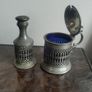 Pewter Condiment Set, blue glass and pewter design. mustard and salt Image 2