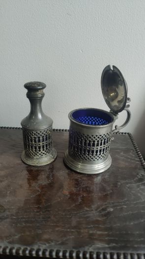 Pewter Condiment Set, blue glass and pewter design. mustard and salt