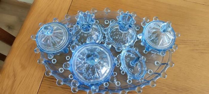 Vintage Dressing Table Set Dresser Glassware Blue Bubble Mid Century Retro 1950s