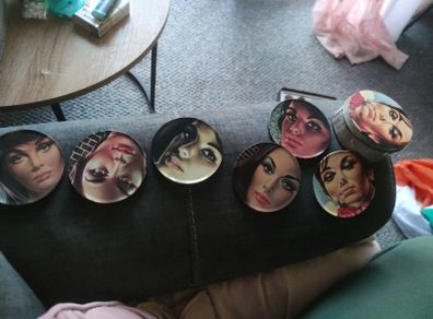 J H Lynch midcentury style coaster set in tin. Beautiful kitsch women art coasters. Tin and Cork coasters in metal tin. Kitsch home decor.
