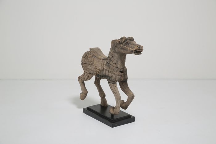 19th Century Antique Carved Wood Carnival Carousel Horse on Plinth