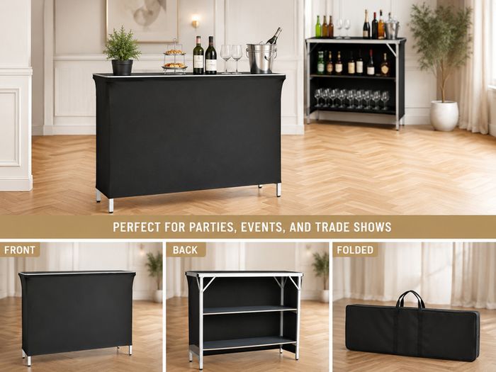Folding Portable Bar Table with Carry Bag |Mobile Bartending Station with Storage Shelves for Events & Trade Shows