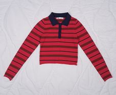 Zara Red Navy Blue Striped Long Sleeve Cropped Polo Collar Knit Top Size XS