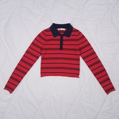 Zara Red Navy Blue Striped Long Sleeve Cropped Polo Collar Knit Top Size XS