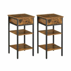Set of 2 Vintage Brown & Black Bedside Tables with Drawer & Shelves