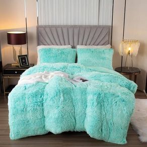 Luxury Fuzzy Duvet Cover Set Double Size Fluffy Comforter Cover Set for Double Bed Shaggy and Plush Soft Bedding Duvet Covers (Aqua Ombre,Double)