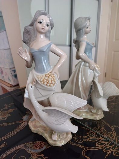 Large Vintage Girl with Goose Figurine by Tengra