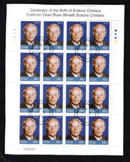 2005 Ireland Erskine Childers Commemorative Sheetlet Plate 1A1A1A1A Fine CDS Used with Dublin cancel of 10th October 2005 (First day of issued) on envelope extract.