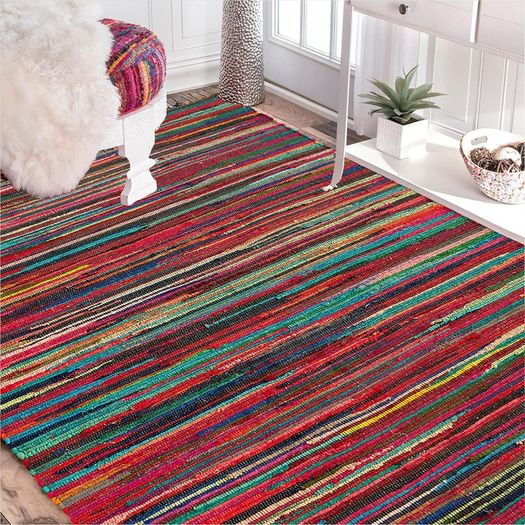 Rectangle Hand Made Chindi Rug with Complete Recycled 100% Pure Cotton - Multi Colorful Rug with Stripes - Decorative Pink Rugs for Living Room, Bedroom Decor and Garden (50 x 80 cm)