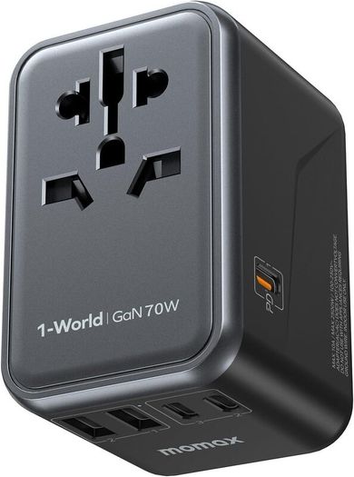 MOMAX Universal Travel Adapter,70W GaN Travel Plug Adapter with UK/EU/AU/US Plugs, 3USB-C PD & 2USB-A QC International Adapter Charger, Adapter Plug for Laptops Tablets Phones Vision Pro 1-World