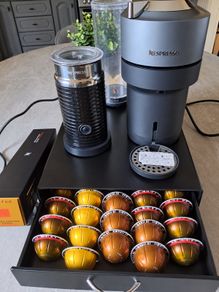 Nespresso Vertuo Pop Machine, Aeroccino, Pod container and Pods