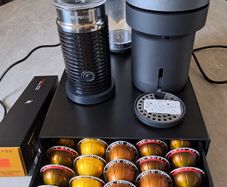 Nespresso Vertuo Pop Machine, Aeroccino, Pod container and Pods